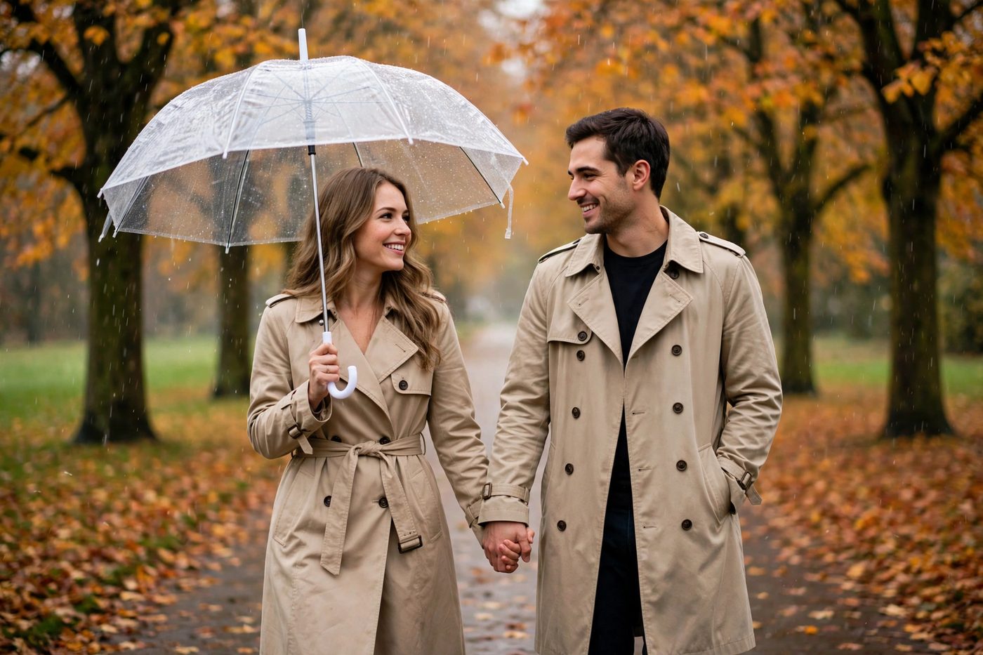Julia y Carlos paseando de la mano bajo un paraguas en otoño