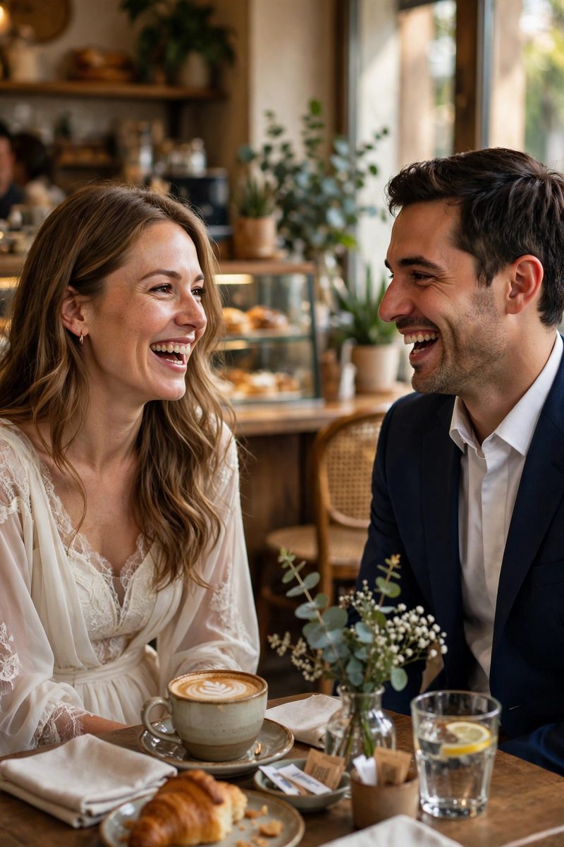 Julia y Carlos riendo en una cafetería