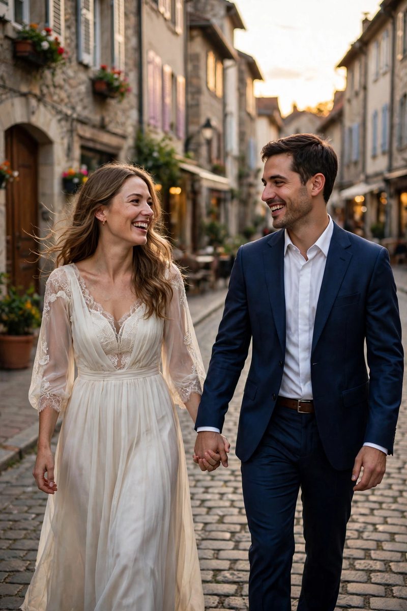 Julia y Carlos paseando de la mano por una calle empedrada