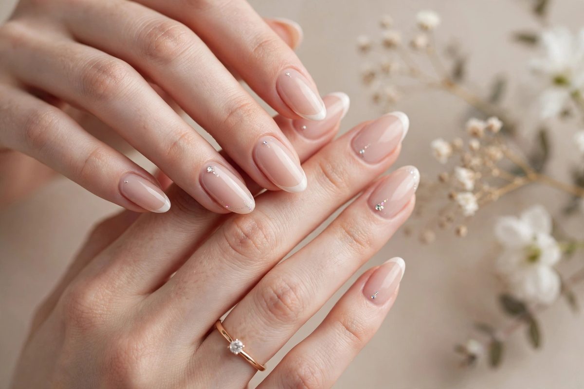 Manicura francesa suave con pequeños brillantes