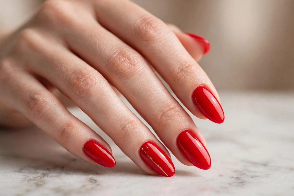 Uñas en rojo intenso con una línea dorada