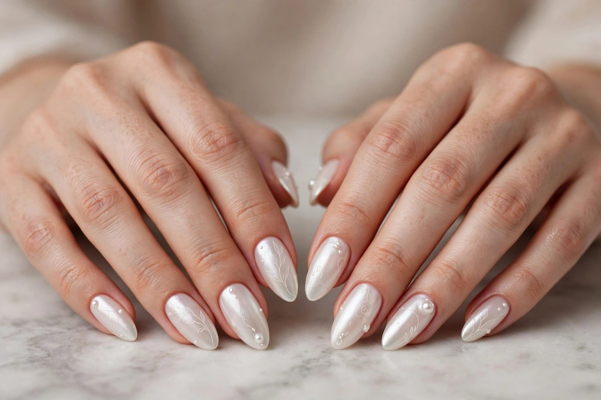 Uñas nacaradas con dibujos de hojas y perlas